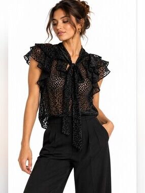Robert Rodriguez Burnout Velvet Sheer Ruffle Tie Blouse Black Size 4